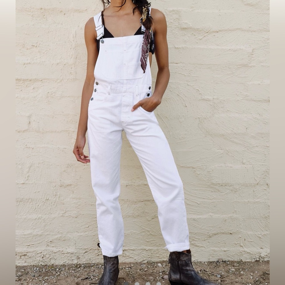 Free People White Denim Overalls Jumpsuit